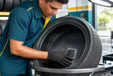 Mecânico consertando um pneu na borracharia.