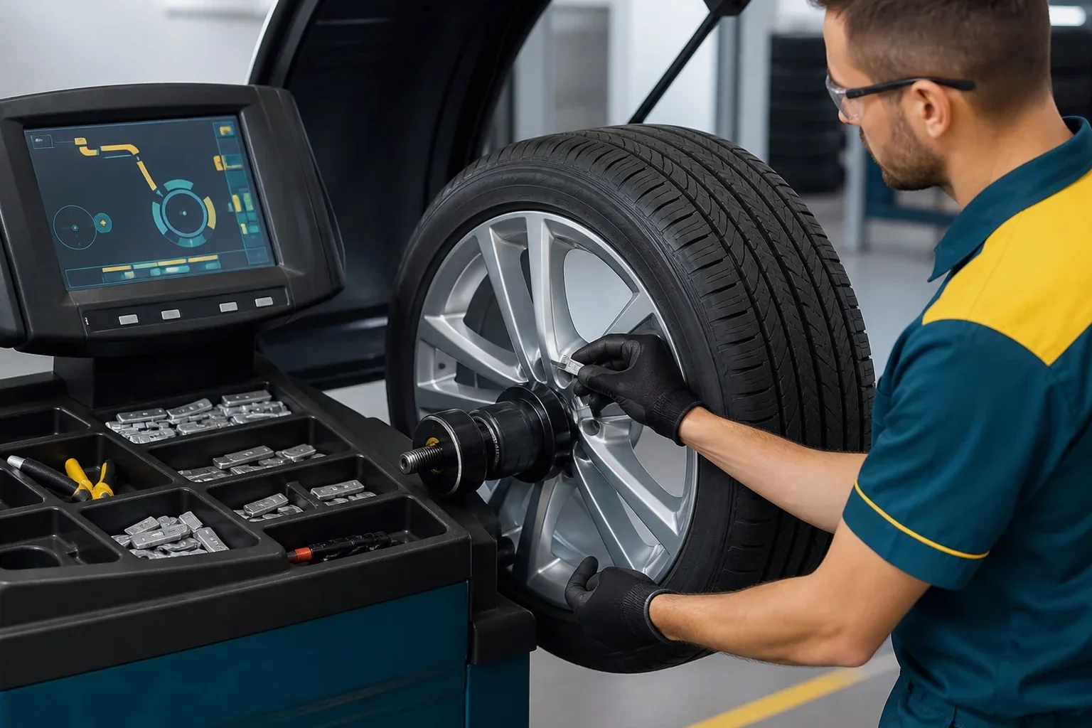 Mecânico realizando balanceamento de rodas de um carro.